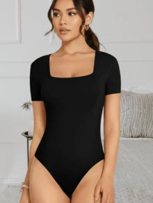 Body Mujer Manga Corta Escote Cuadrado Frances Panti Blusa Leotardo Tela Doble Brush Suave Forro Al Frente Broche Ajustable Cómodo Casual Elegante - Negro - Ver 8