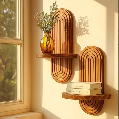 1 件炭烧椭圆形螺纹创意木质壁架，木制工艺家居装饰，适用于客厅