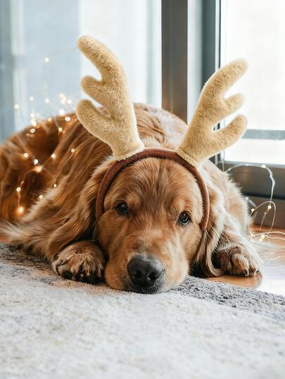 可调节毛绒驯鹿角头箍，大号宠物圣诞节服装配饰，3D立体填充驯鹿角色扮演装饰