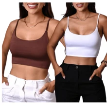 Kit 2 Cropped Strap Suplex Blogger Top Summer Model Blouse - 棕色和白色 - 頂部帶 - 查看 2