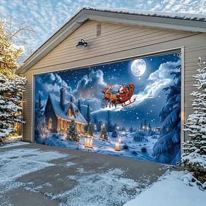 Faixa grande de fibra de poliéster para porta de garagem com design de Papai Noel e paisagem nevada, 180,34 x 398,78 cm, durável e fácil de pendurar, adequada para Natal, Ano Novo, decoração de feriados de inverno, multiuso para entrada, carro, carnaval