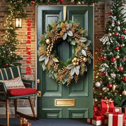 Elegant Golden Christmas Wreath Door Banner - Polyester, Perfect For Front Door And Porch Decoration, Seasonal Party Hanging Background, Christmas Happy Photo Booth Background Fabric - Indoor And Outdoor Multi-Functional Party And Event Decoration - Polyester Fiber, No Electricity Required, Perfect For Christmas Decoration