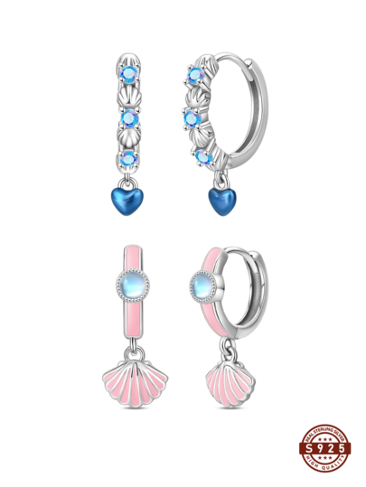 2 Pairs S925 Sterling Silver Earrings Set, Including Ocean Blue Diamond Heart Pendant, Blue Heart & Pink Shell Pendant, Double Circle Pendant Earrings. Elegant, Minimalist Jewelry Suitable For Women, Girls, Daily Wear, Travel, Party. Comes With Delicate Gift Box.