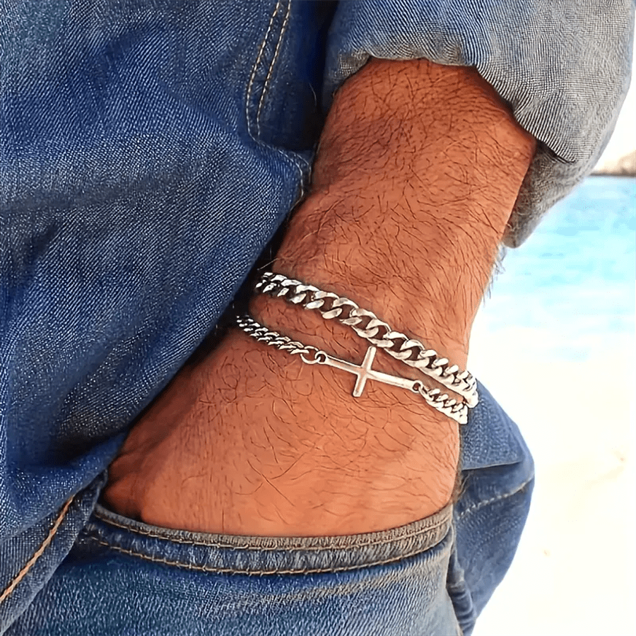 1 pieza Brazalete de acero inoxidable de doble capa con colgante de cruz para hombres, joyería duradera adecuada para ocasiones diarias y formales