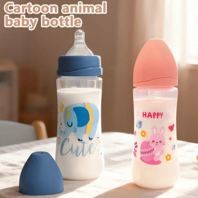 1 件 330 毫升卡通 PP 婴儿奶瓶，防胀气，宽口，硅胶奶嘴，母乳喂养感觉，防震且易于清洁