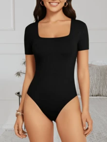 Body Mujer Manga Corta Escote Cuadrado Frances Panti Blusa Leotardo Tela Doble Brush Suave Forro Al Frente Broche Ajustable Cómodo Casual Elegante - Negro - Ver 3