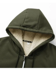 1pc Men's Long Sleeve Sherpa Lined Zip-Up Hoodie Jacket, Thick Casual Fleece Jacket, For Fall Winter - Army Green - View 4