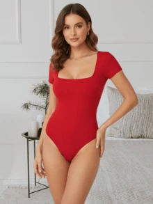 Body Mujer Manga Corta Escote Cuadrado Frances Panti Blusa Leotardo Tela Doble Brush Suave Forro Al Frente Broche Ajustable Cómodo Casual Elegante - Rojo - Ver 3
