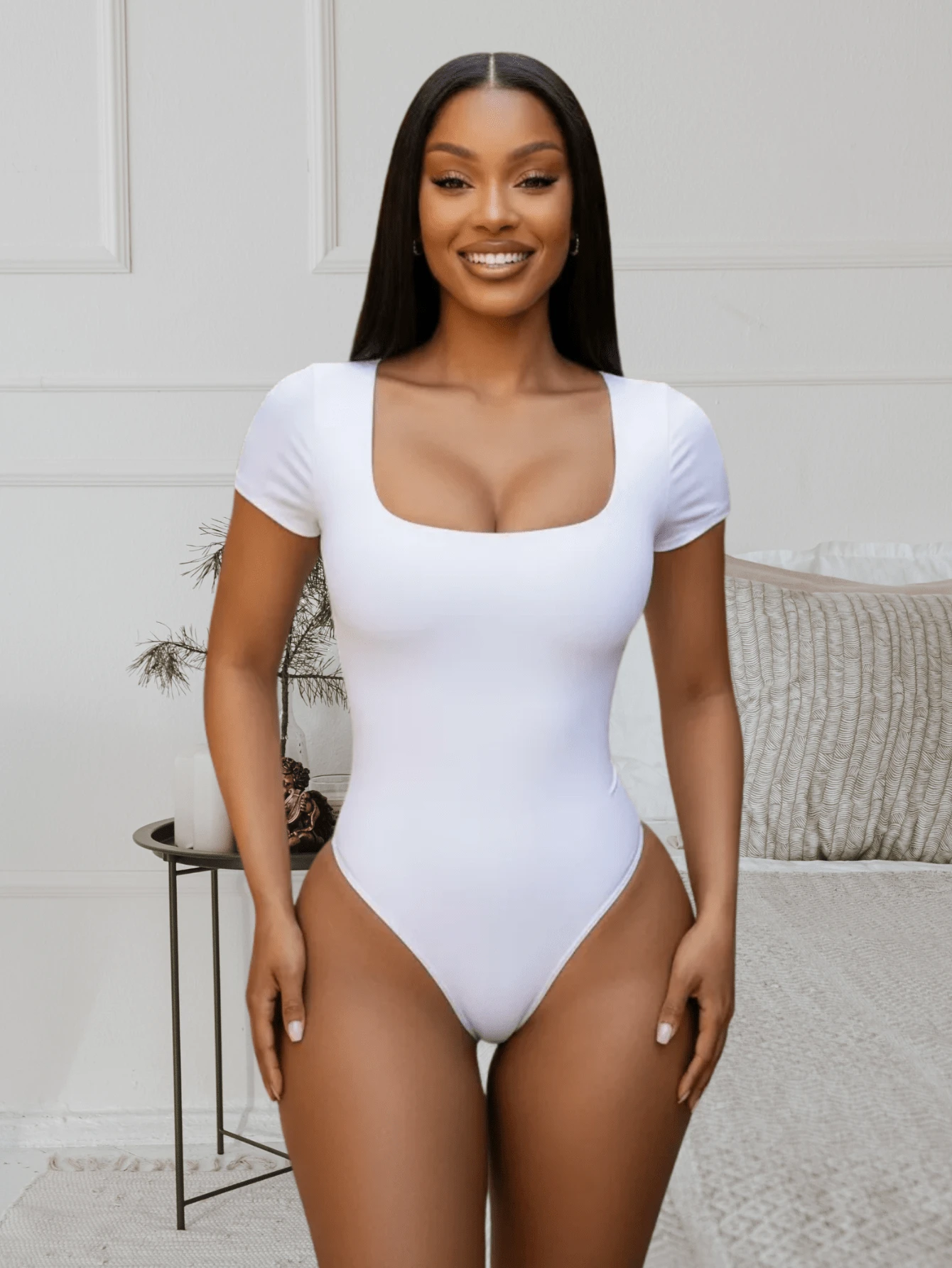 Body Mujer Manga Corta Escote Cuadrado Frances Panti Blusa Leotardo Tela Doble Brush Suave Forro Al Frente Broche Ajustable Cómodo Casual Elegante - Blanco - Ver 1