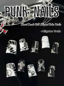 原创设计，手工制作，10 片朋克风格指甲，矩形假指甲（长杏仁形），短方形假指甲，鳄鱼纹理的完美融合让您成为独特的朋克女孩，带有重金属纹理铆钉元素和巧妙的设计，在您的手上佩戴两种类型的盔甲，适合女性和女孩在日常节日派对上佩戴，提升您的外观，压指甲，礼盒包装，情人节礼物，朋友礼物美甲用品指甲