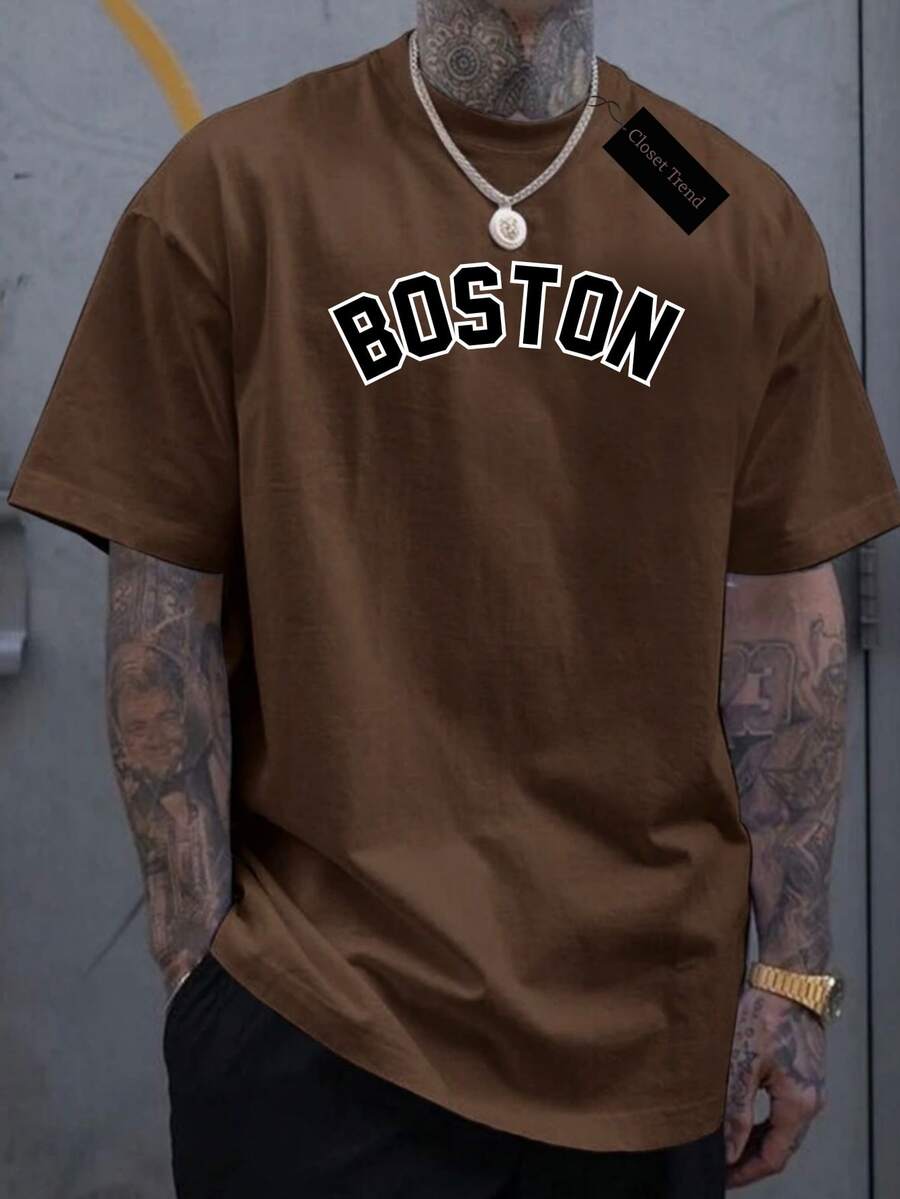 Camiseta Masculina BOSTON 2024 Blusa 100% Algodão Moda Premium malha 30.1 camisa estampada academia - Marrom - Visão 1