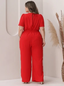 V-Neck Jumpsuit With Waistband Plus Size With Waistband Wide Leg Pants With Pockets And Discreet Pleat Casual Evangelical Fashion Elegant Comfortable Loose | Curve | Wide Leg - 紅色 - 查看 3