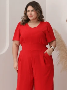 V-Neck Jumpsuit With Waistband Plus Size With Waistband Wide Leg Pants With Pockets And Discreet Pleat Casual Evangelical Fashion Elegant Comfortable Loose | Curve | Wide Leg - 紅色 - 查看 5