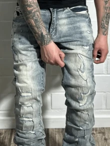 Men's Distressed Denim Straight Leg Casual Washed Vintage Jeans - Blue - View 3