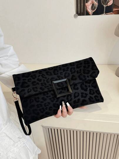 Bolso de mano de mujer, bolso cuadrado pequeño con estampado de leopardo de moda, bolso de solapa
