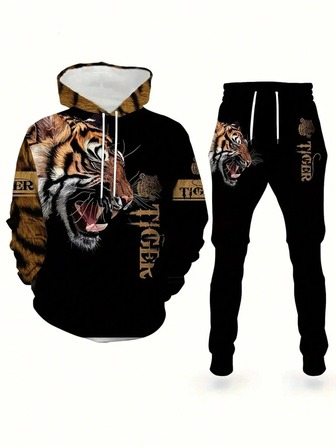 咆哮虎印花男式连帽衫和慢跑套装 - 舒适运动服、长袖家居服、引人注目的新颖休闲风格睡衣、秋季服装