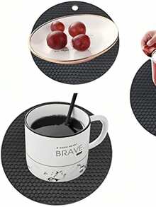 2pcs/Set Silicone Insulation Pad, Modern Black Honeycomb Textured Round Anti-Slip Hot Pot Mat For Table - Multicolor - View 2