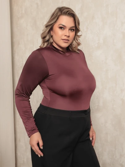 Body Feminino Básico Manga Longa Gola Alta Decote Quadrado Plus Size em Suplex de Alta Qualidade