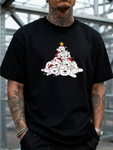Estilo Navideño Playera de Algodón para Hombre con árbol de navidad formado por osos polares y luces. Diseño festivo y alegre, ideal para la temporada navideña. 220 g 100 % algodón, material suave y transpirable. ¡Artículo de temporada! - Negro - Ver 3