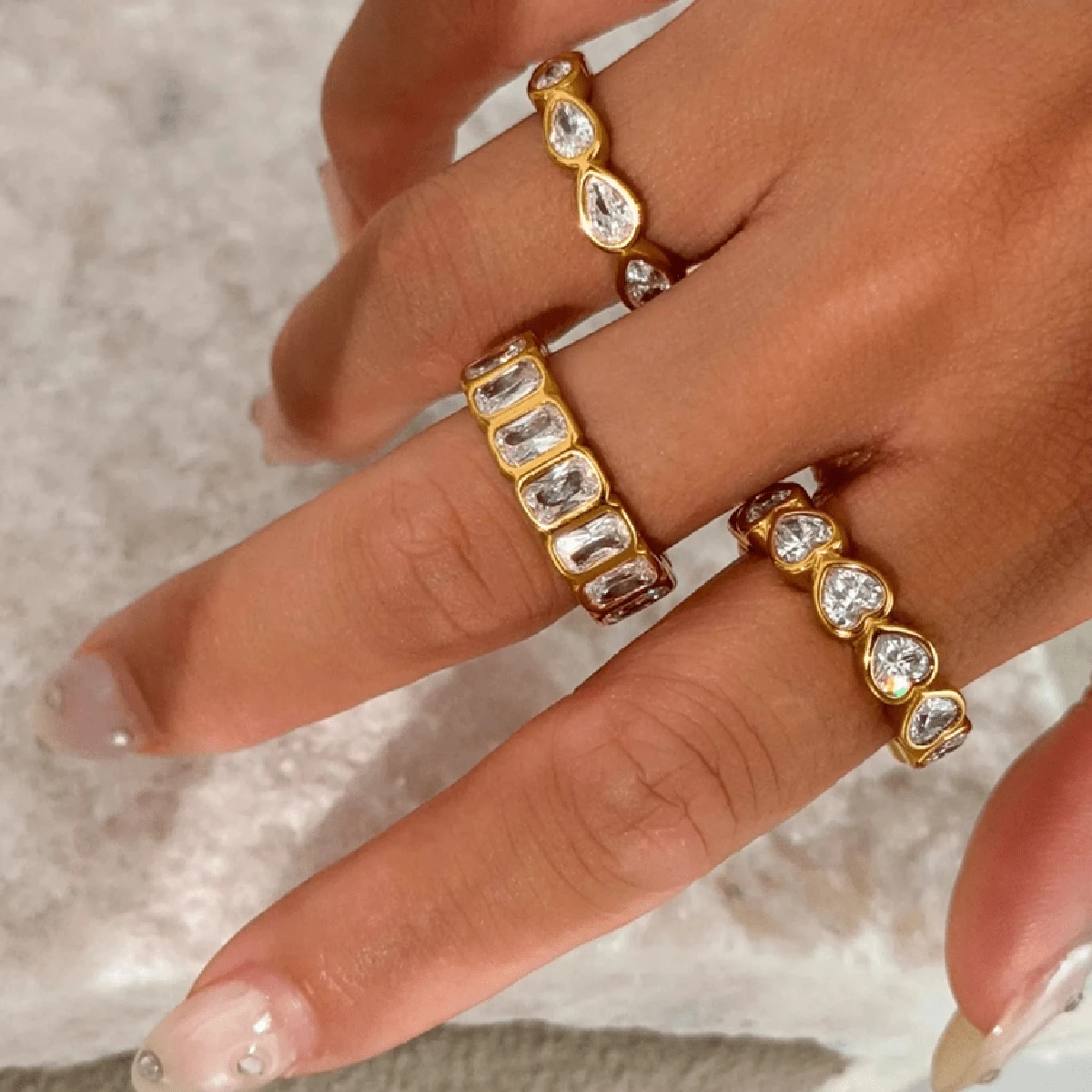 VKHK 1 件 18K 镀金不锈钢水滴心形锆石装饰单戒指，适合女性日常和婚礼佩戴，礼物 - 彩色 - 查看 1