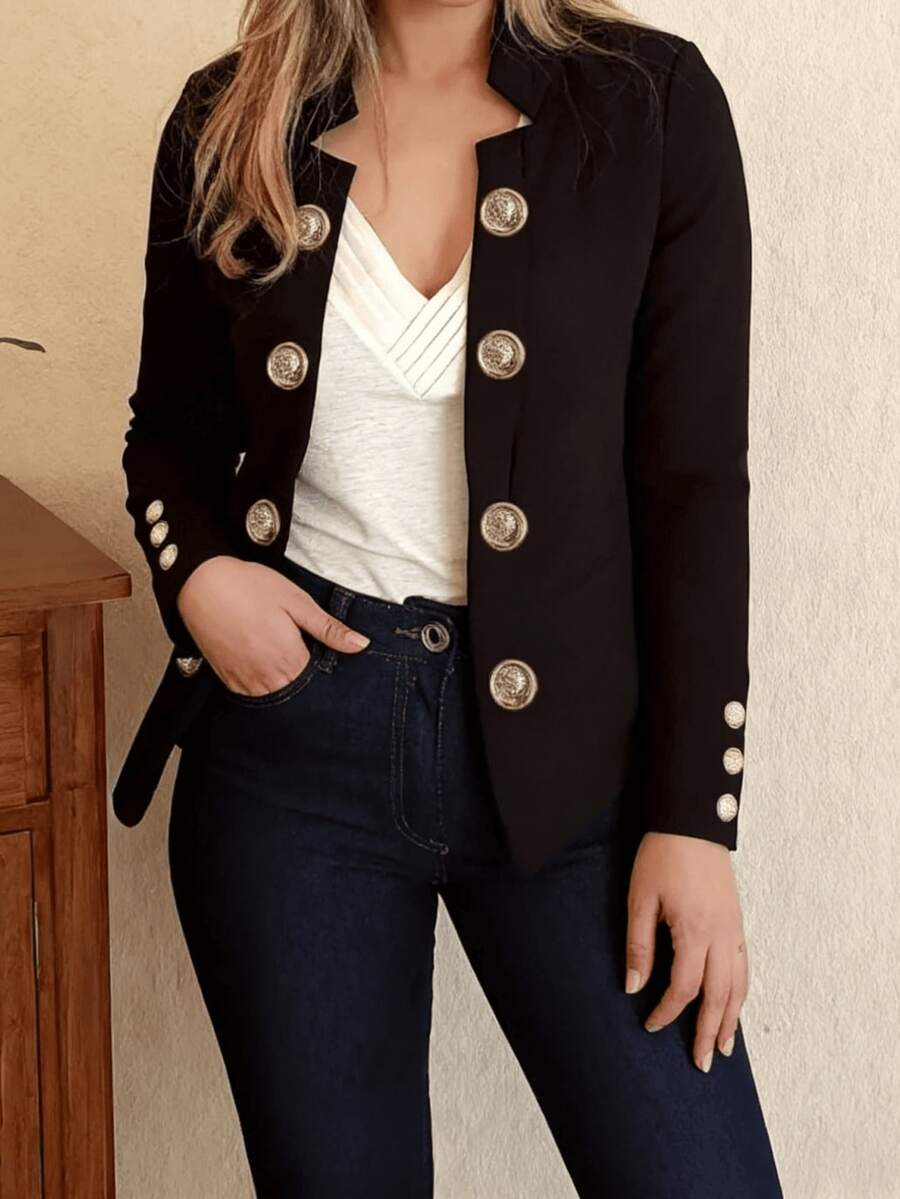 Women's Double Breasted Lapel Collar Blazer With Statement Buttons - 黑色 - 查看 1