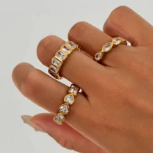 VKHK 1 件 18K 镀金不锈钢水滴心形锆石装饰单戒指，适合女性日常和婚礼佩戴，礼物 - 彩色 - 查看 3