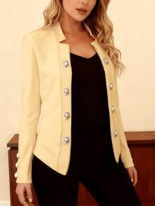 Women's Double Breasted Lapel Collar Blazer With Statement Buttons - Màu Khaki - Xem 3