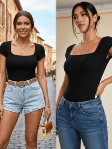 Body Mujer Manga Corta Escote Cuadrado Frances Panti Blusa Leotardo Tela Doble Brush Suave Forro Al Frente Broche Ajustable Cómodo Casual Elegante - Negro - Ver 6