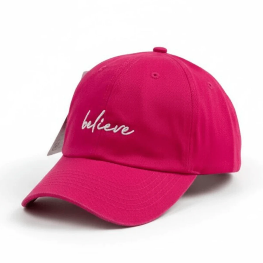 Believe Retro Baseball Cap With Curved Brim, Men's And Women's, Adjustable Strap, Casual Lettering, Cotton Embroidery, None, Summer - 粉紅色與白色 - 查看 1