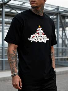 Estilo Navideño Playera de Algodón para Hombre con árbol de navidad formado por osos polares y luces. Diseño festivo y alegre, ideal para la temporada navideña. 220 g 100 % algodón, material suave y transpirable. ¡Artículo de temporada! - Negro - Ver 4