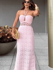 Long Modal Lace Knit Dress With Adjustable Straps Women's Fashion 2026 - Màu Hồng baby - Xem 1