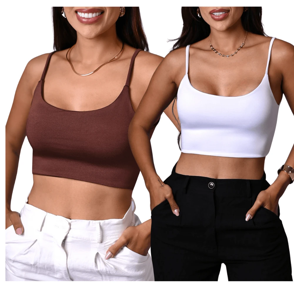 Kit 2 Cropped Strap Suplex Blogger Top Summer Model Blouse - 棕色和白色 - 頂部帶 - 查看 1