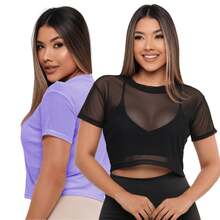 KIT 2 Cropped Tulle Fitness Transparent Gym Crossfit Running Tulle Blouse - 淡紫色/黑色 - 查看 1