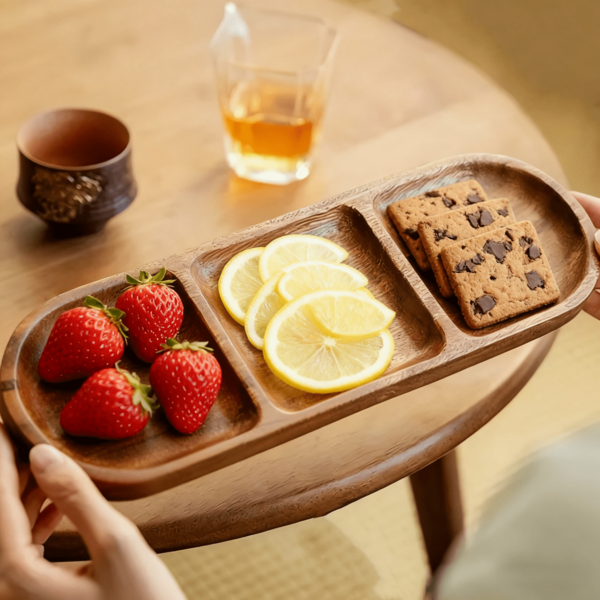 1/2pcs Wooden Tray - 3 Compartment Wooden Serving Platter, 2 Compartment Cheese Board, Divided Plate, Kitchen Serving Tray, Snack Plate, Kitchen Display Platter, Bread Board, Reusable Snack Tray, Holiday Decor, Great Gift For Elders