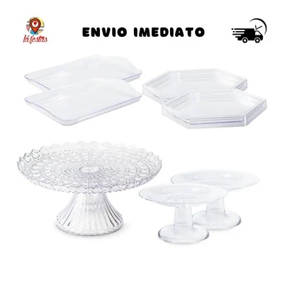 Kit Festa Cristal Esmeralda 1 Boleira Cake Renda Esmeralda 22cm + 2 Mini Cake +2 Mini Sextavada +2 Bandejas 20x13cm