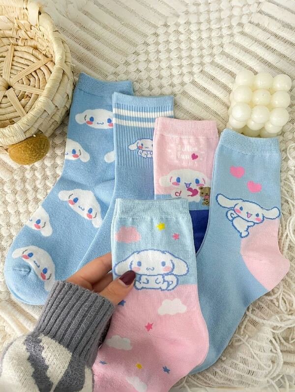 Sanrio 1/5 pares de meias confortáveis de cano médio com desenho animado fofo da Sanrio Cinnamoroll, para todas as estações