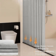 Rideau de douche pliable moderne à rayures verticales, 1 pièce - Fabriqué en polyester, isolation thermique, facile à installer et à ranger, style ondulé, sans doublure, adapté à la décoration de salle de bain, design rayé moderne, fonction salle de bain à la mode, rideau de douche de salle de bain, accessoires de salle de bain, rentrée scolaire. - Multicolore - Voir 4