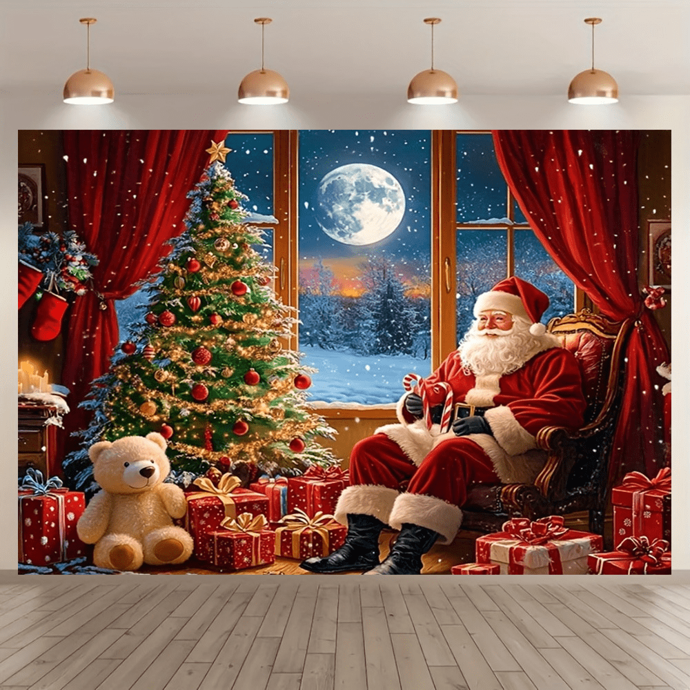 1 pièce Bannière de fond de photographie de Noël, Père Noël avec arbre et design de cadeau, en matériau polyester, convient pour la décoration de fête, célébration intérieure et extérieure, facile à accrocher, ornement multifonctionnel, décoration murale de fête, fournitures de fête, fond photo, Joyeux Noël