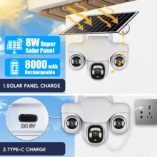 1 PC Solar Camera Outdoor Wireless 3 PTZ Lens White Waterproof Security Camera Night Vision Motion Detection Motion Tracking CCTV Camera Surveillance For Home, Storefront, And Factory, Farm Pet Camera IP Camera PTZ Camera Ring Camera