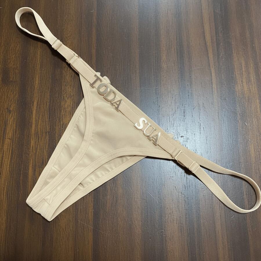 Personalized Panties Sexy Thong With Phrase Name Gold Letters Women's Lingerie Panties Immediate Shipping Romantic-French Funny Mesh Fabric Fresh Breathable Elastic Simple Letter Panties Mid-Rise Boyfriend Gift - 米色 - 查看 1