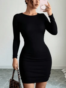 Vestido ajustado negro manga larga básico elegante look de noche estilo versátil mujer vestido negro fruncido elegante comodo atractivo - Negro - Ver 1