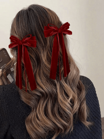2个酒红色双层长尾发夹，发带蝴蝶结，适合女孩和女士佩戴，可作为圣诞礼物或日常佩戴，发饰