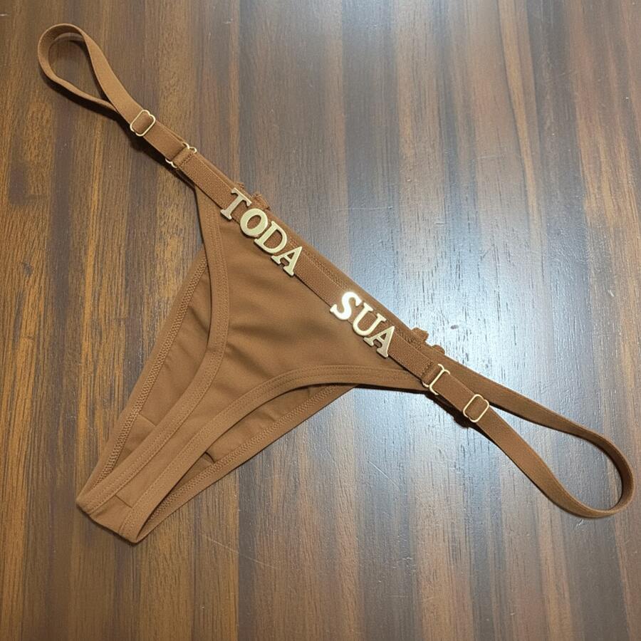 Personalized Panties Sexy Thong With Phrase Name Gold Letters Women's Lingerie Panties Immediate Shipping Romantic-French Funny Mesh Fabric Fresh Breathable Elastic Simple Letter Panties Mid-Rise Boyfriend Gift - 駝色 - 查看 1