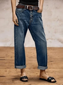 Women's Vintage Button Front Pocketed Loose Straight Leg Jeans For All Seasons - Rửa tối - Xem 2