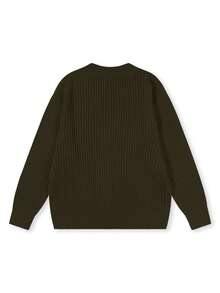 男士复古硬币图案针织毛衣，宽松圆领纹理套头衫，秋冬款 - 綠色 - 查看 3