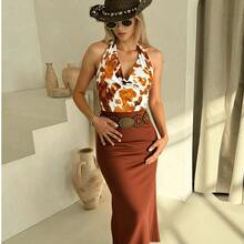 Blusa Halter Mujer Estampado Vaca, Escote Drapeado Western Chic - Blanco - Ver 3
