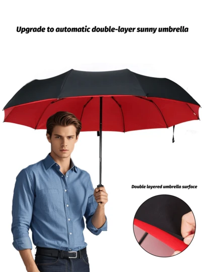 1pc Dual Layer Automatic Windproof Umbrella, 10-Rib One-Key Open & Close, Reinforced Anti-Wind Rain Umbrella, Multi-Function Travel Umbrella, Back To School Supplies Back To School, Spring Summer Picks, Brides Maid Gifts, Room, Bedroom Decor, Bedroom Decor, Beach, Travel, For Men, For Women, Vacation