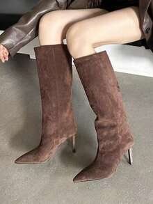 Stivali da equitazione a punta alta, slim fit, a metà polpaccio, colore cachi, nuovi per la primavera-autunno-inverno 2025, scarpe da donna, stivali con tacco a gattino, adatti per feste - Castano - Visualizzare 5