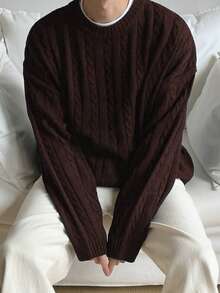 白色 Yueh 男士休闲加厚扭绳纽扣落肩圆领毛衣，适合通勤、秋冬新款、圣诞节、新年等场合，长袖上衣 - 棕色 - 查看 3