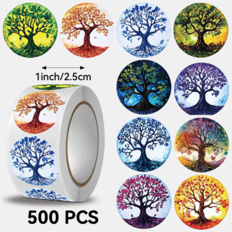 500pcs/Roll Colorful Tree Of Life Pattern Stickers, Size: 2.5cm/1.0 Inch, Round Shape, Kids Stickers, Christmas Gift Choice, Decorate On Preferred Products Like Stationery Boxes, Books, Envelopes, Etc.